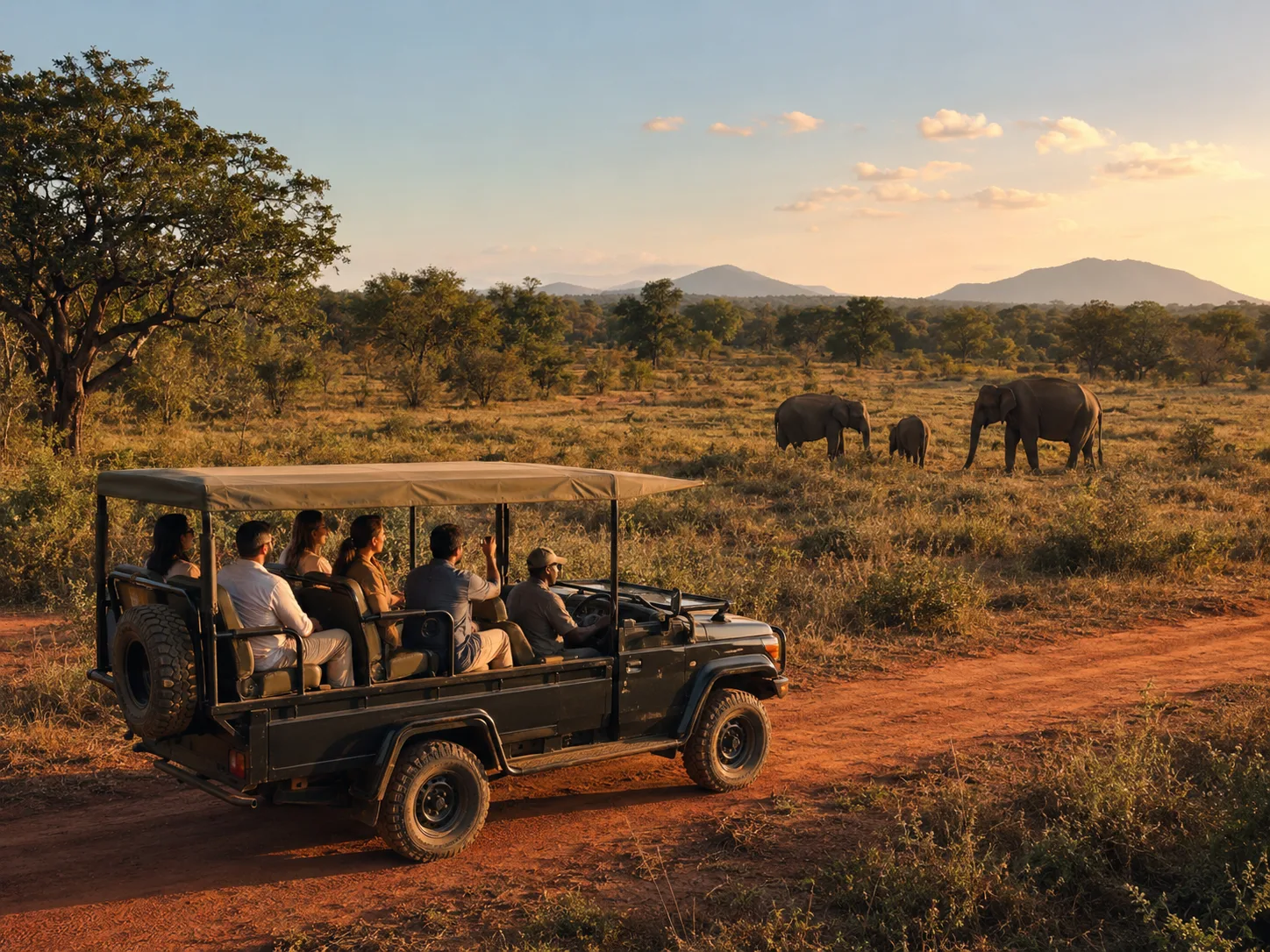 Safari travellers watching elephants across open plains