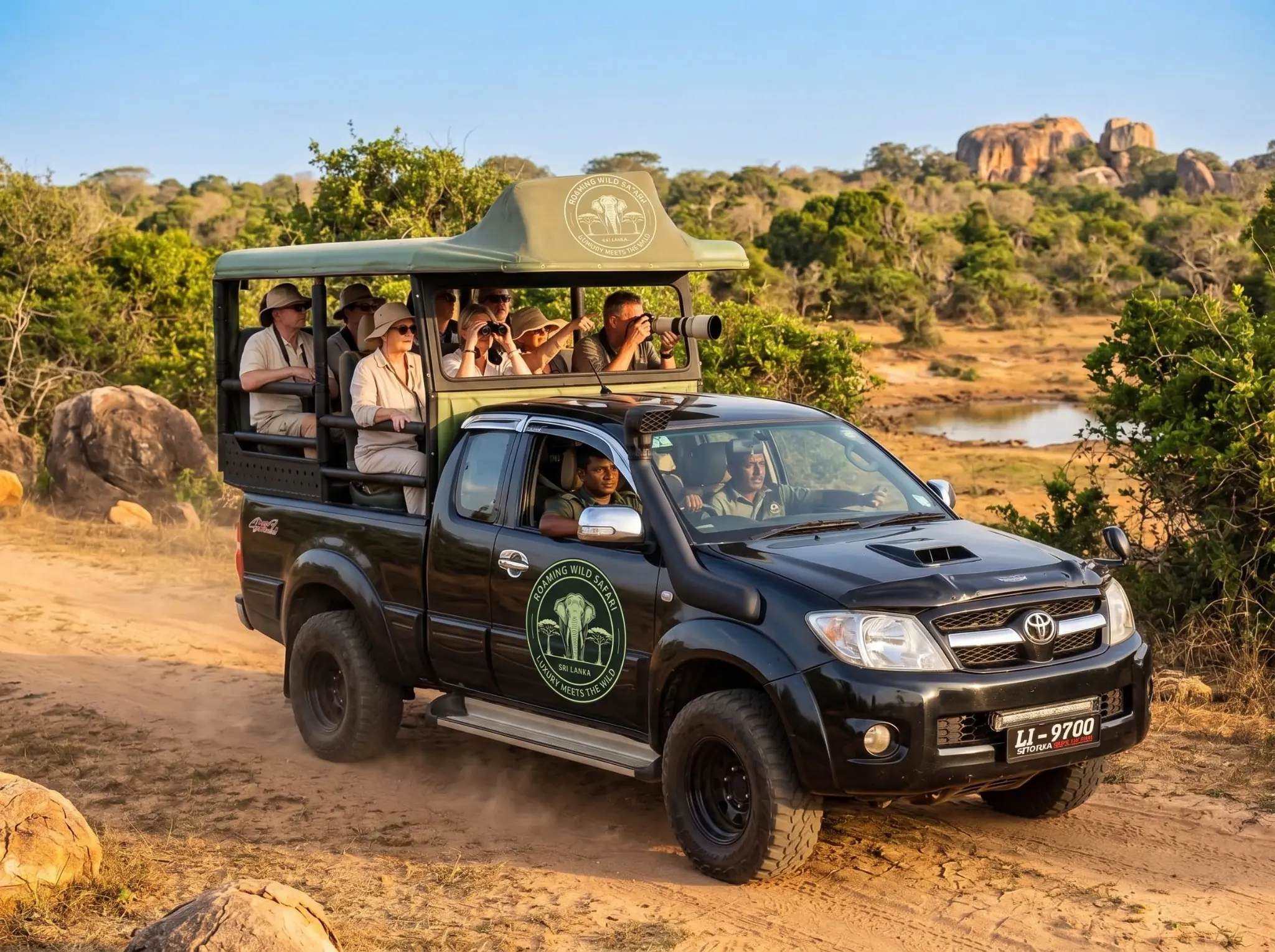 Roaming Wild Safari guests exploring Yala National Park in a private safari jeep