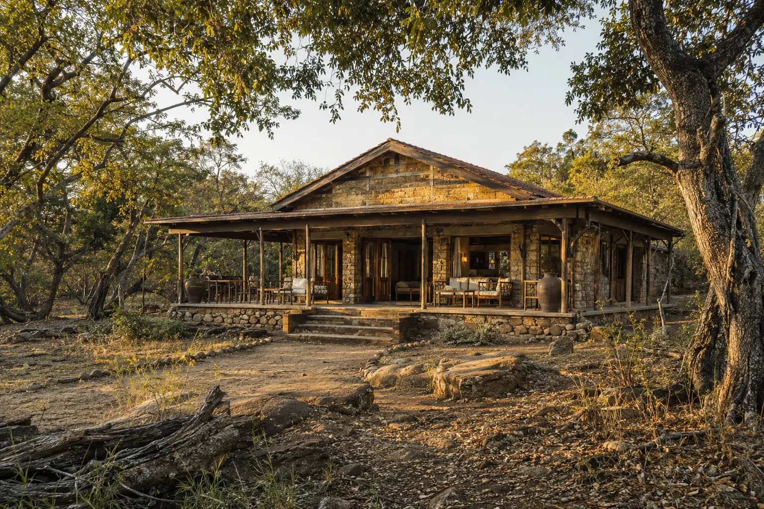 Wildlife bungalow surrounded by Sri Lankan dry-zone forest near Yala